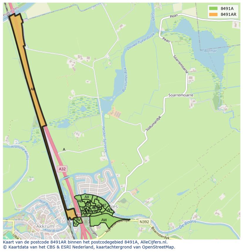 Afbeelding van het postcodegebied 8491 AR op de kaart.