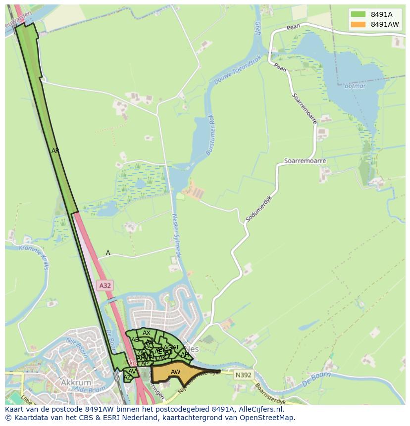 Afbeelding van het postcodegebied 8491 AW op de kaart.