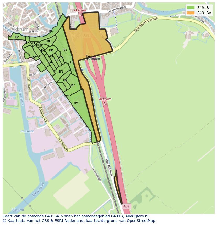 Afbeelding van het postcodegebied 8491 BA op de kaart.