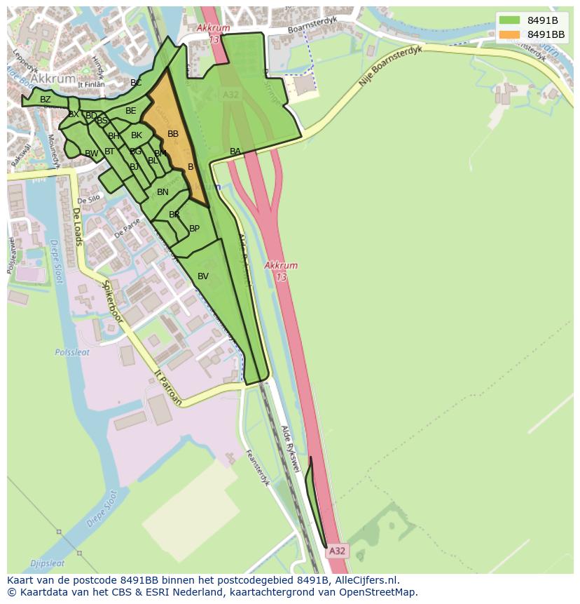 Afbeelding van het postcodegebied 8491 BB op de kaart.