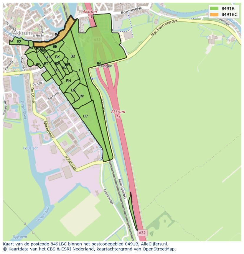 Afbeelding van het postcodegebied 8491 BC op de kaart.