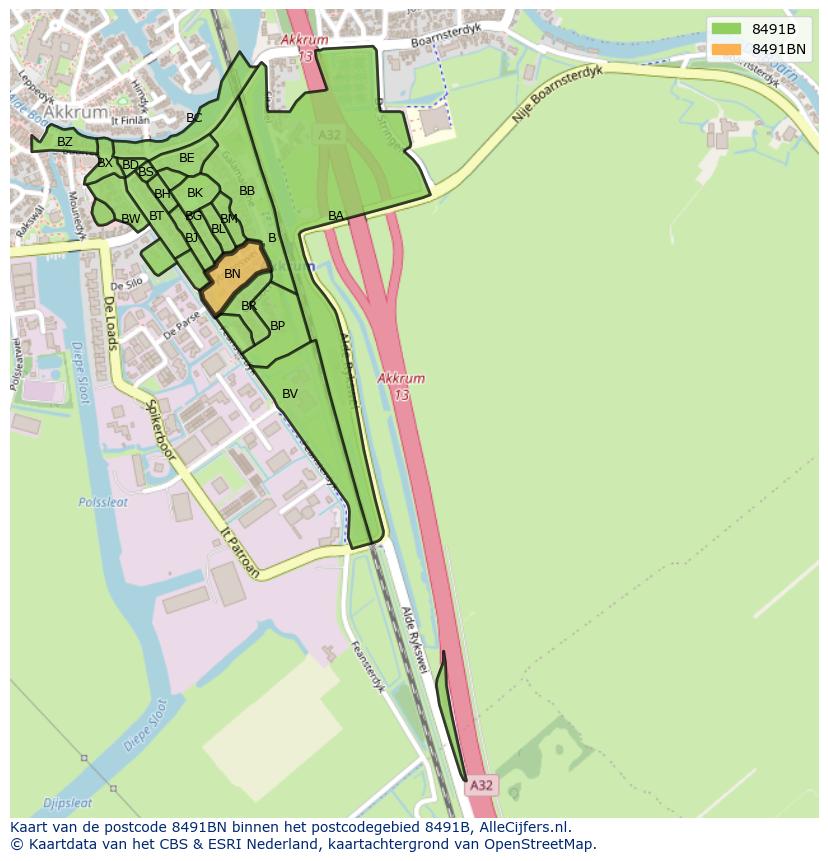 Afbeelding van het postcodegebied 8491 BN op de kaart.