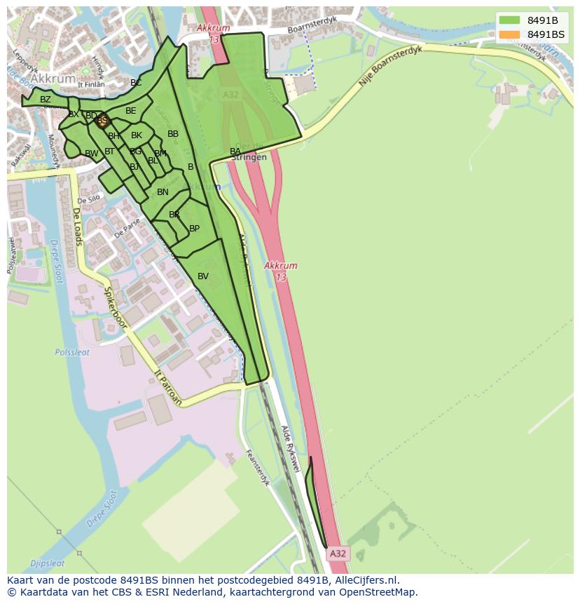 Afbeelding van het postcodegebied 8491 BS op de kaart.
