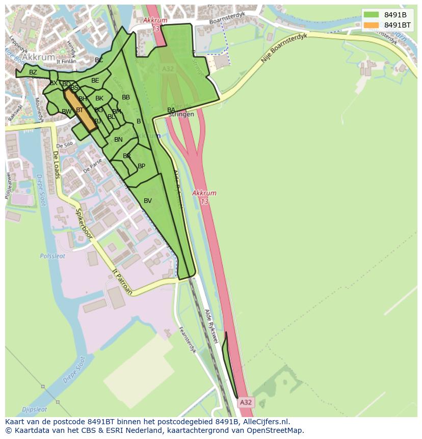 Afbeelding van het postcodegebied 8491 BT op de kaart.