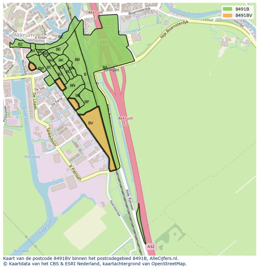 Afbeelding van het postcodegebied 8491 BV op de kaart.