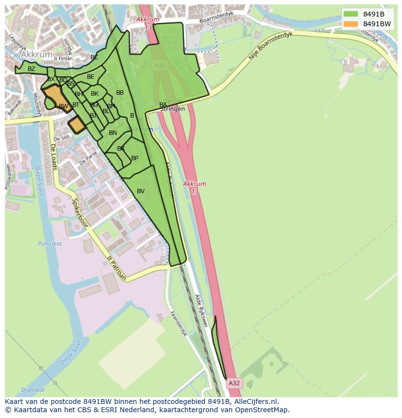 Afbeelding van het postcodegebied 8491 BW op de kaart.