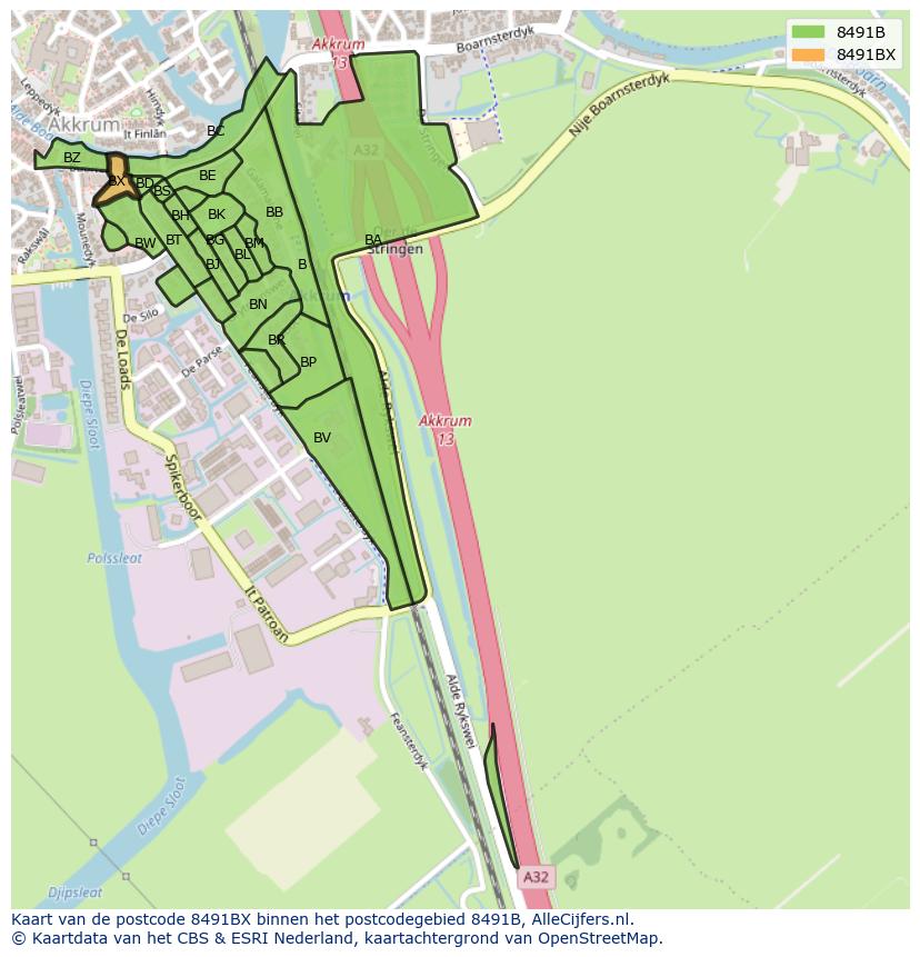Afbeelding van het postcodegebied 8491 BX op de kaart.