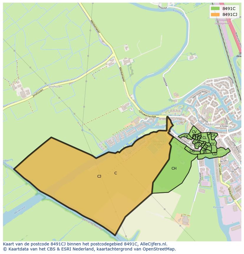 Afbeelding van het postcodegebied 8491 CJ op de kaart.