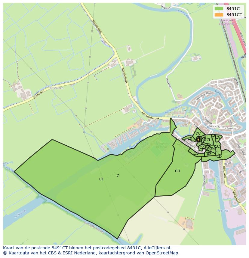 Afbeelding van het postcodegebied 8491 CT op de kaart.
