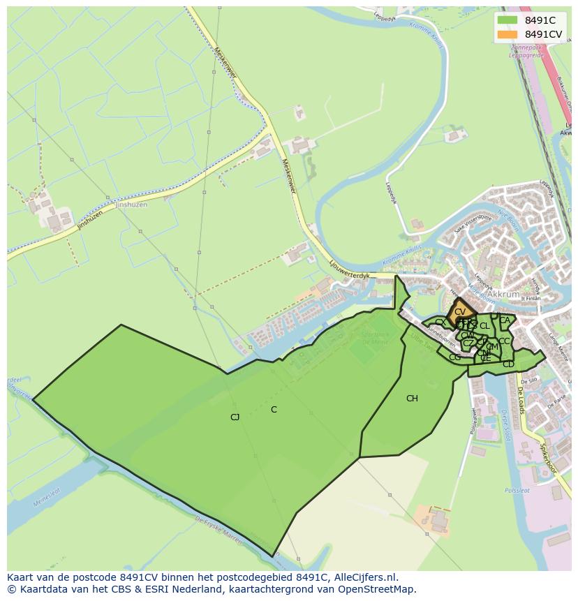 Afbeelding van het postcodegebied 8491 CV op de kaart.