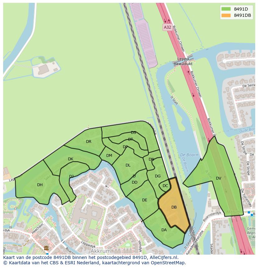 Afbeelding van het postcodegebied 8491 DB op de kaart.