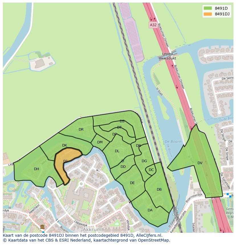 Afbeelding van het postcodegebied 8491 DJ op de kaart.