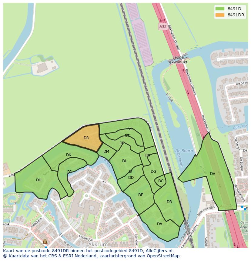 Afbeelding van het postcodegebied 8491 DR op de kaart.