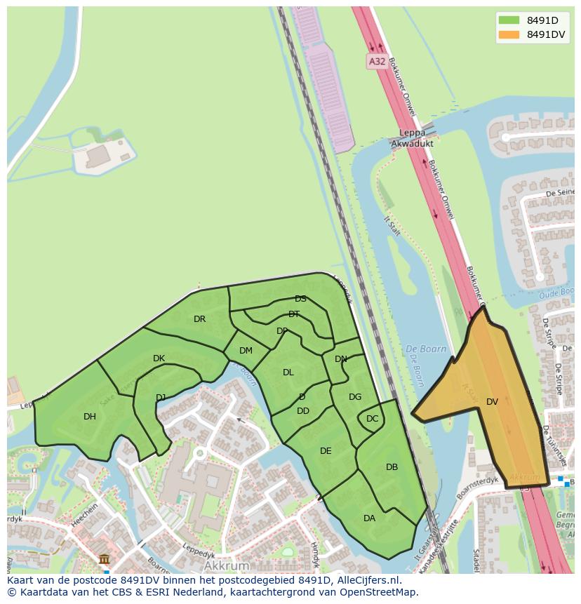 Afbeelding van het postcodegebied 8491 DV op de kaart.
