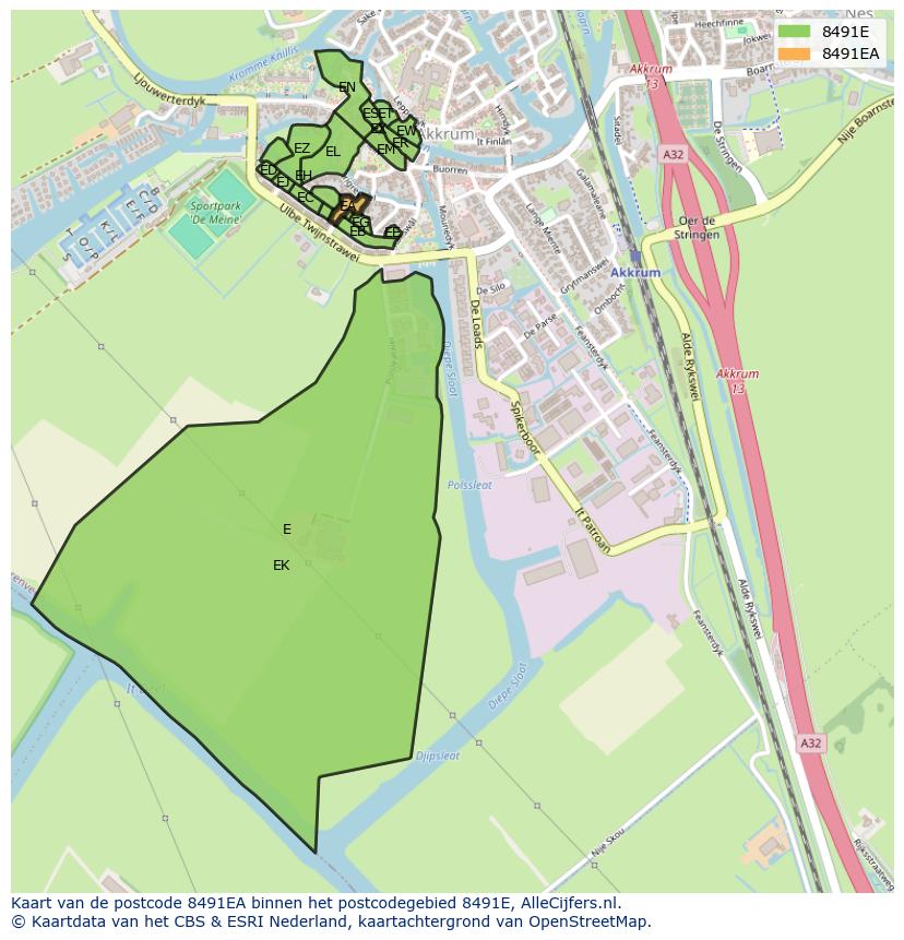 Afbeelding van het postcodegebied 8491 EA op de kaart.