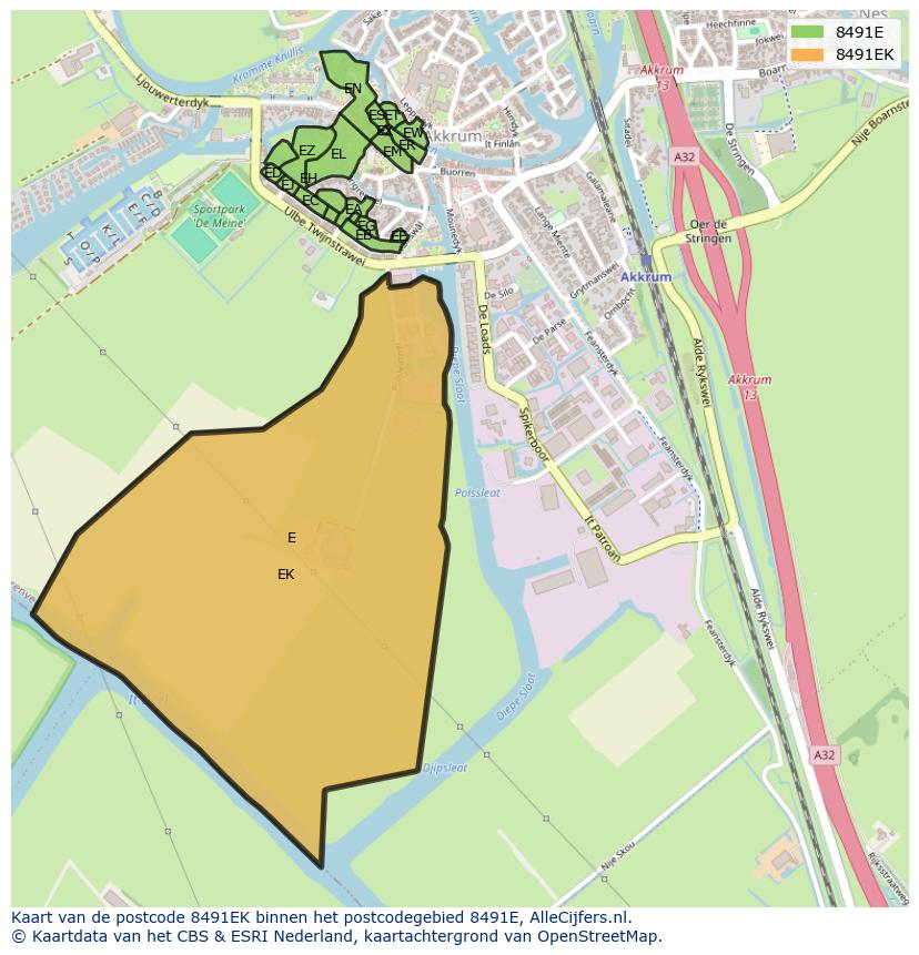 Afbeelding van het postcodegebied 8491 EK op de kaart.