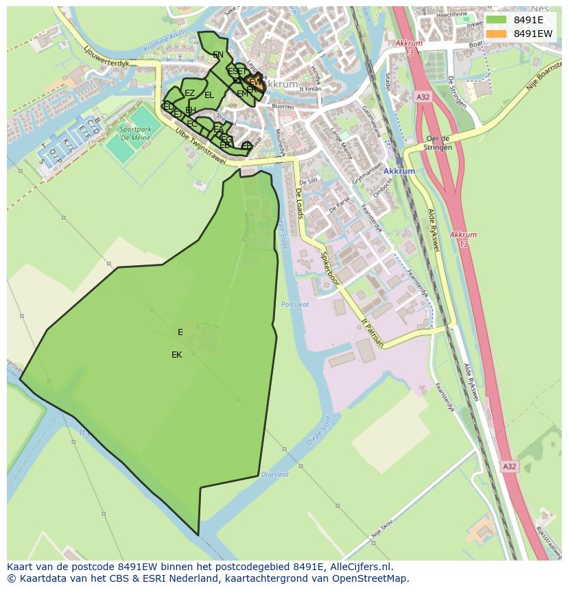 Afbeelding van het postcodegebied 8491 EW op de kaart.