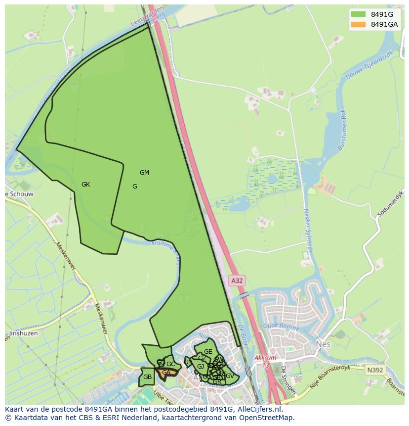 Afbeelding van het postcodegebied 8491 GA op de kaart.