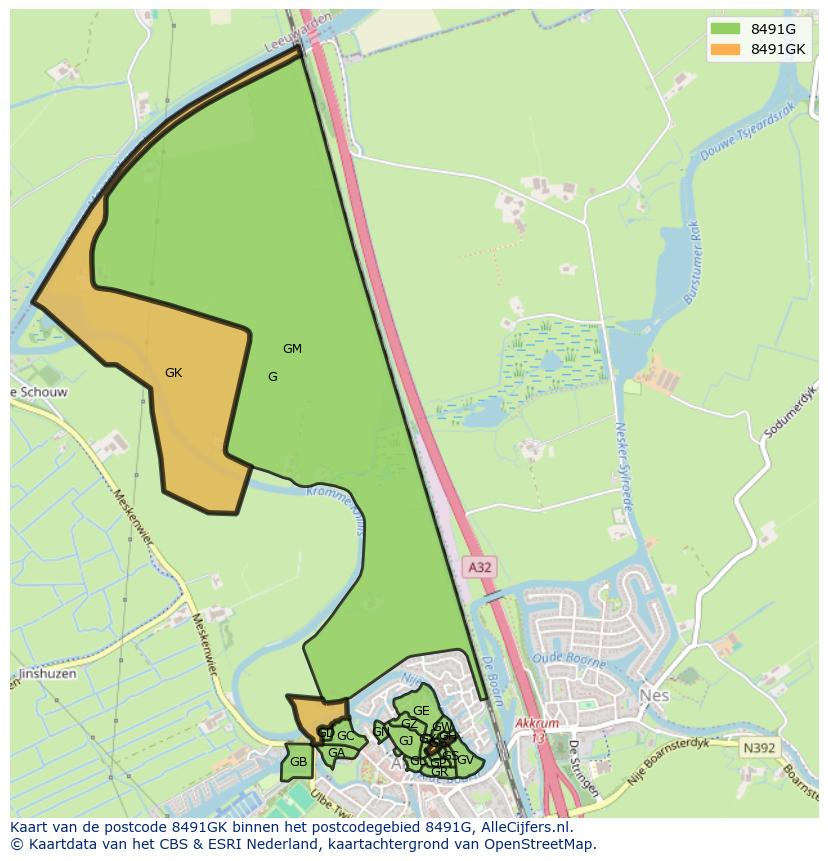 Afbeelding van het postcodegebied 8491 GK op de kaart.