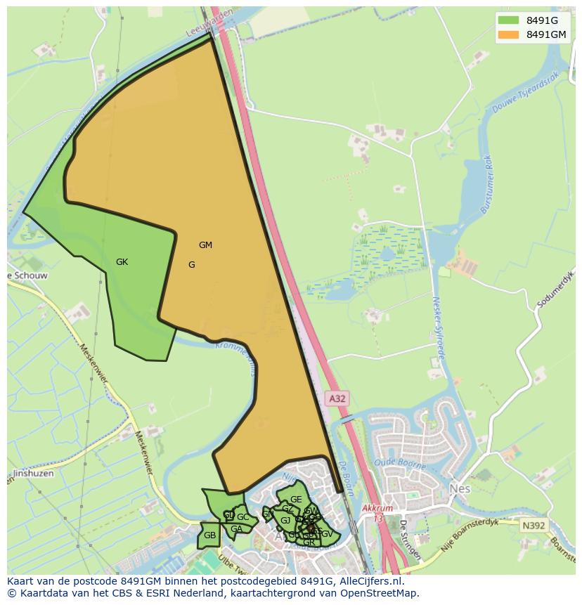 Afbeelding van het postcodegebied 8491 GM op de kaart.