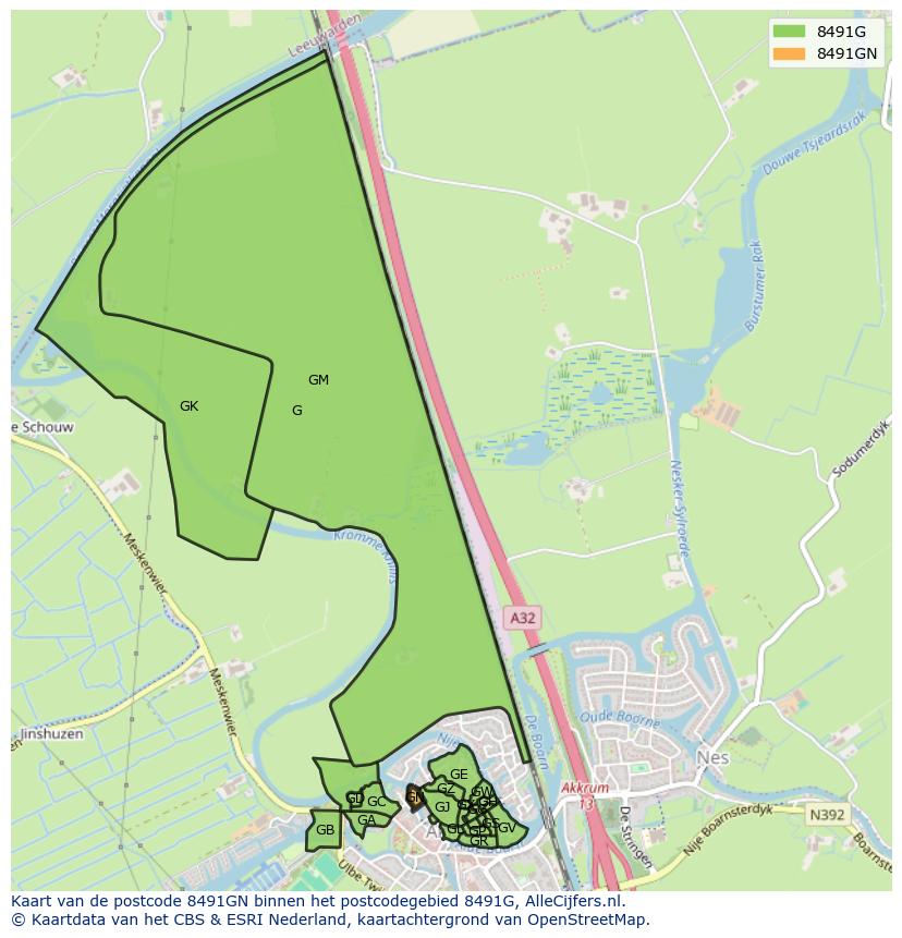 Afbeelding van het postcodegebied 8491 GN op de kaart.