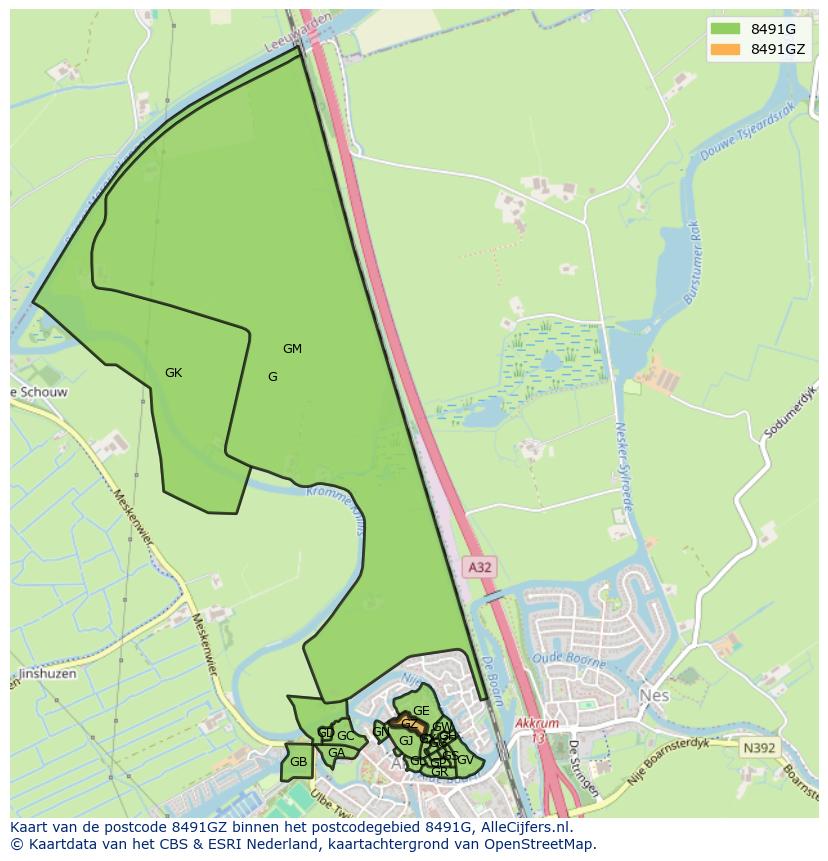 Afbeelding van het postcodegebied 8491 GZ op de kaart.