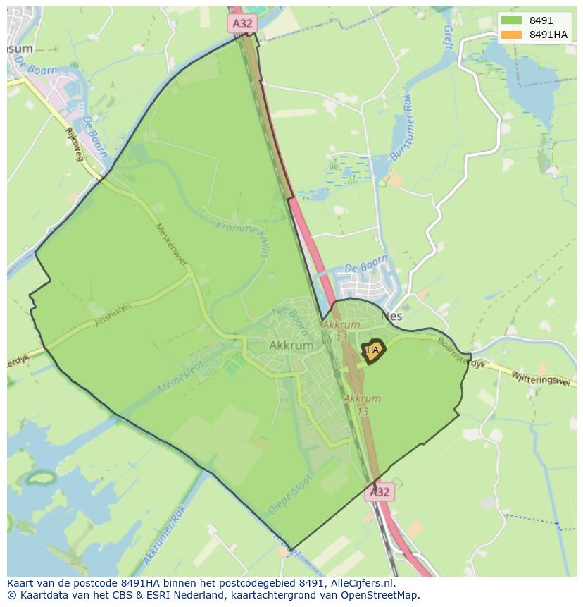 Afbeelding van het postcodegebied 8491 HA op de kaart.