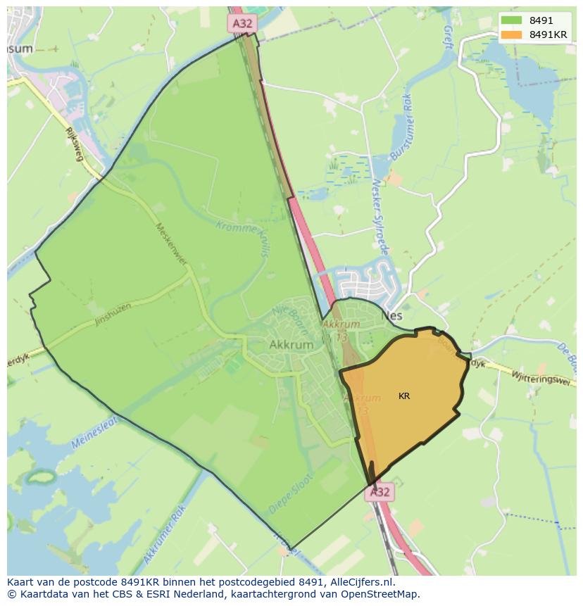 Afbeelding van het postcodegebied 8491 KR op de kaart.