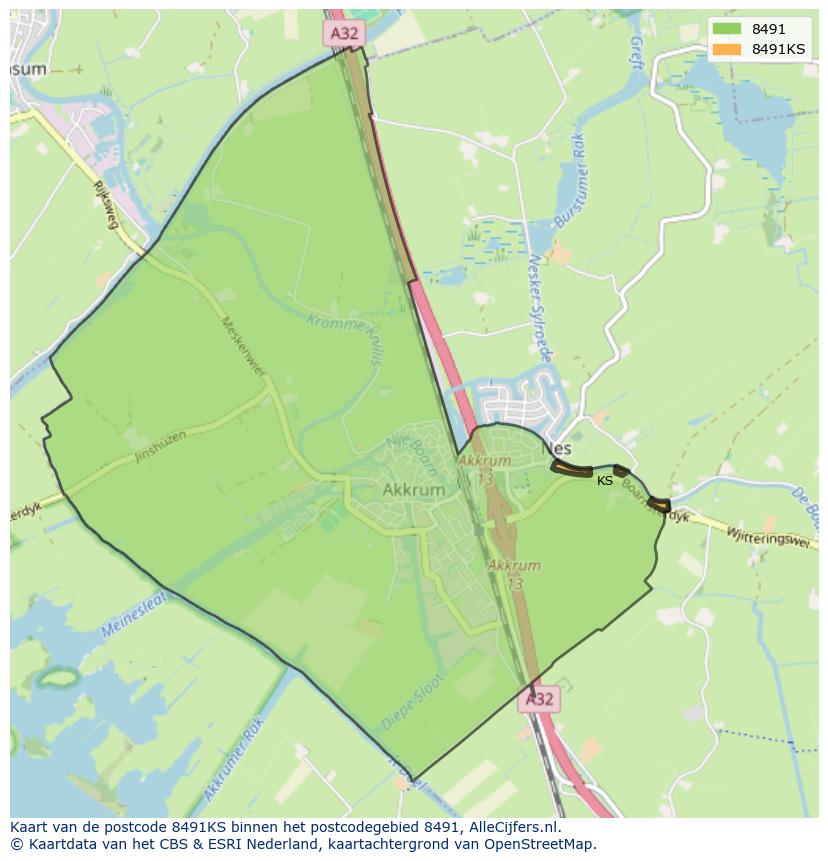 Afbeelding van het postcodegebied 8491 KS op de kaart.