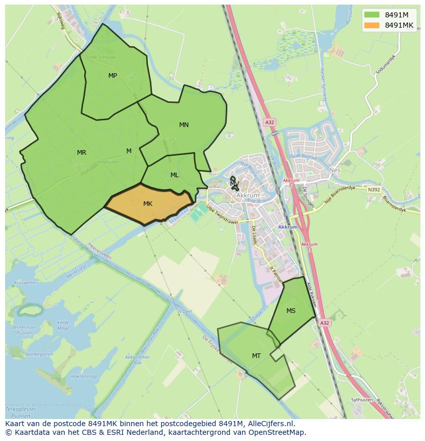 Afbeelding van het postcodegebied 8491 MK op de kaart.