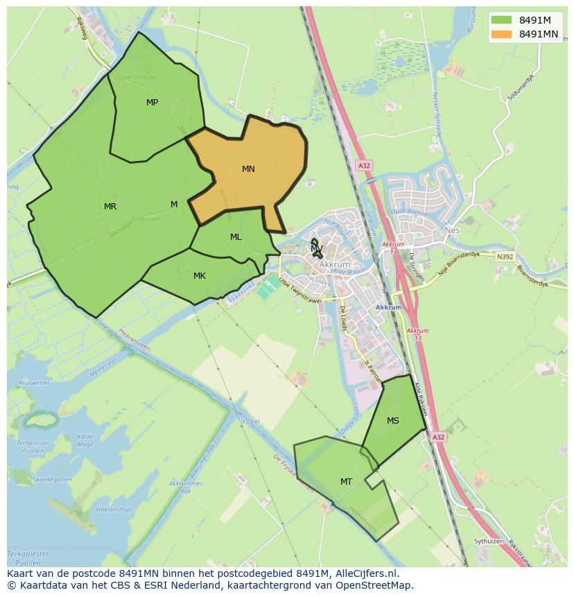 Afbeelding van het postcodegebied 8491 MN op de kaart.