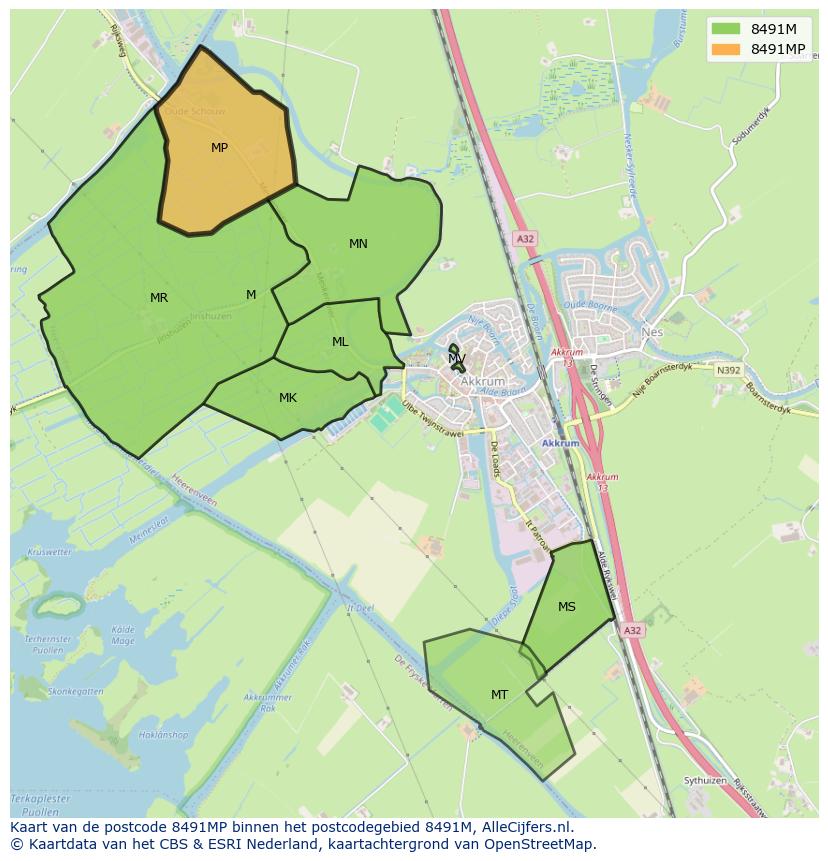 Afbeelding van het postcodegebied 8491 MP op de kaart.