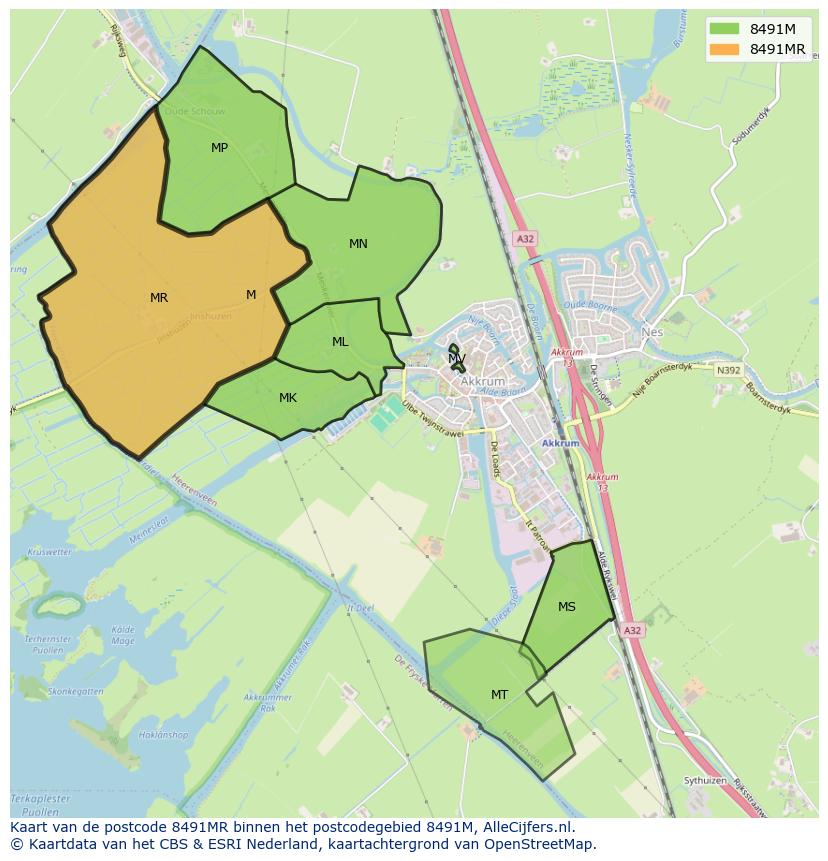 Afbeelding van het postcodegebied 8491 MR op de kaart.