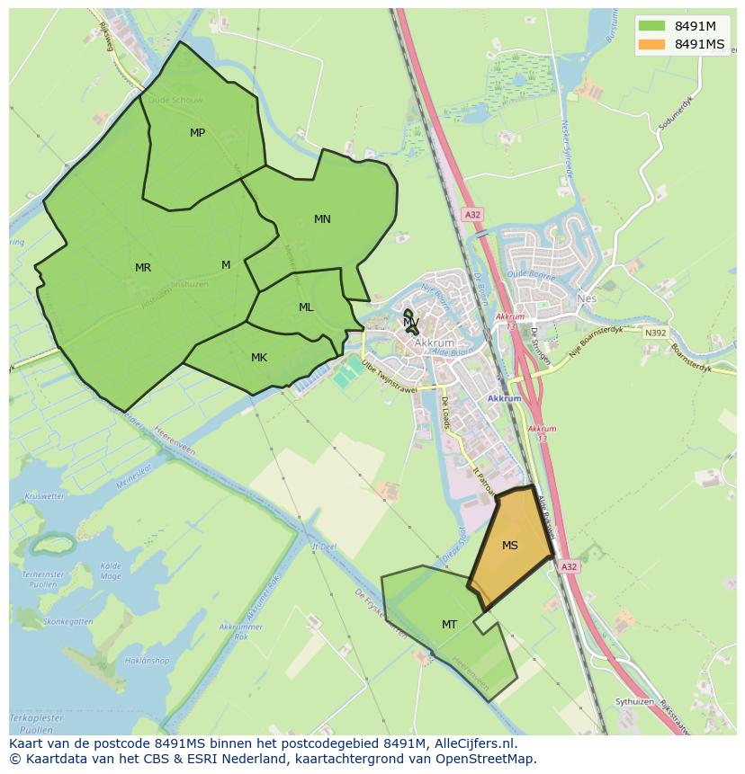 Afbeelding van het postcodegebied 8491 MS op de kaart.