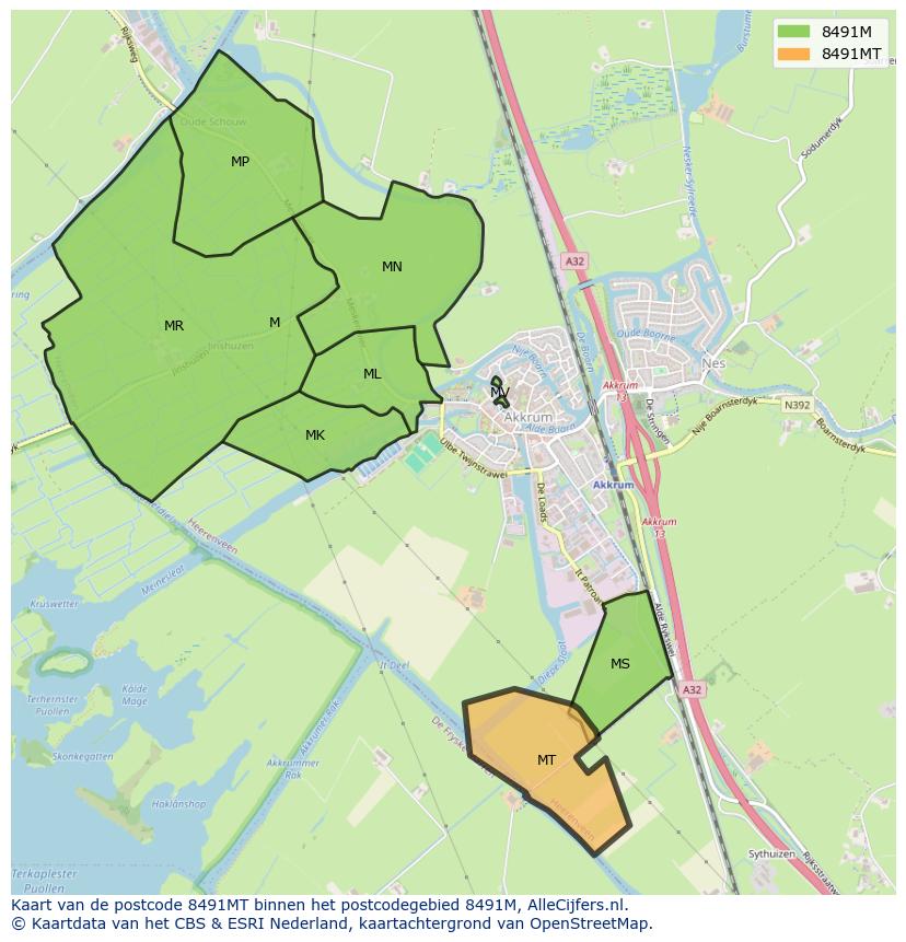 Afbeelding van het postcodegebied 8491 MT op de kaart.
