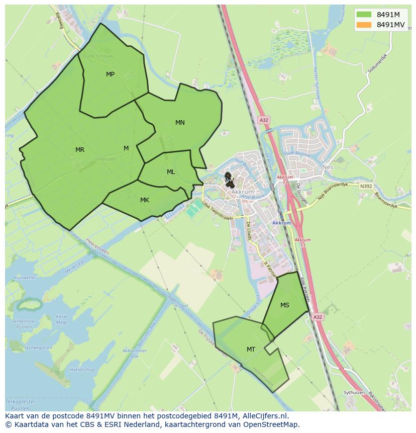 Afbeelding van het postcodegebied 8491 MV op de kaart.
