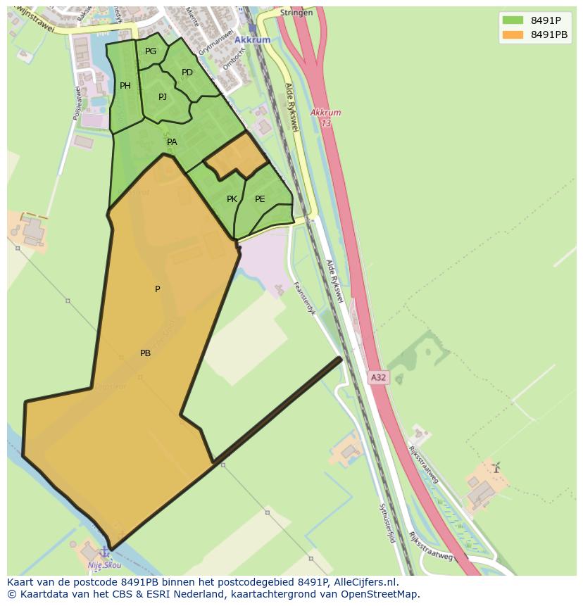 Afbeelding van het postcodegebied 8491 PB op de kaart.