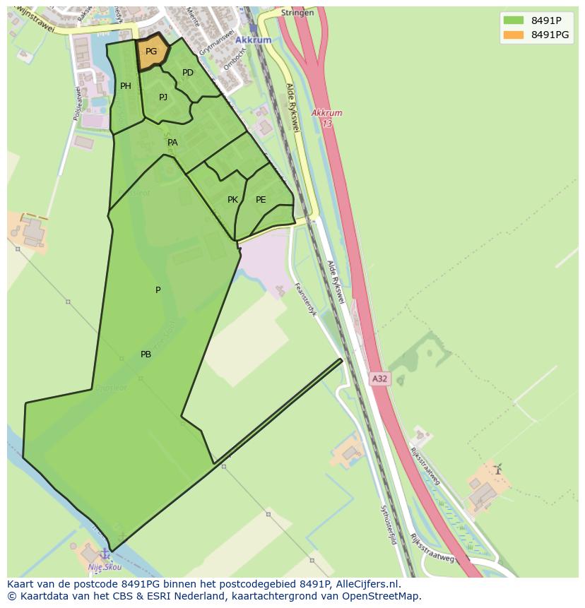 Afbeelding van het postcodegebied 8491 PG op de kaart.