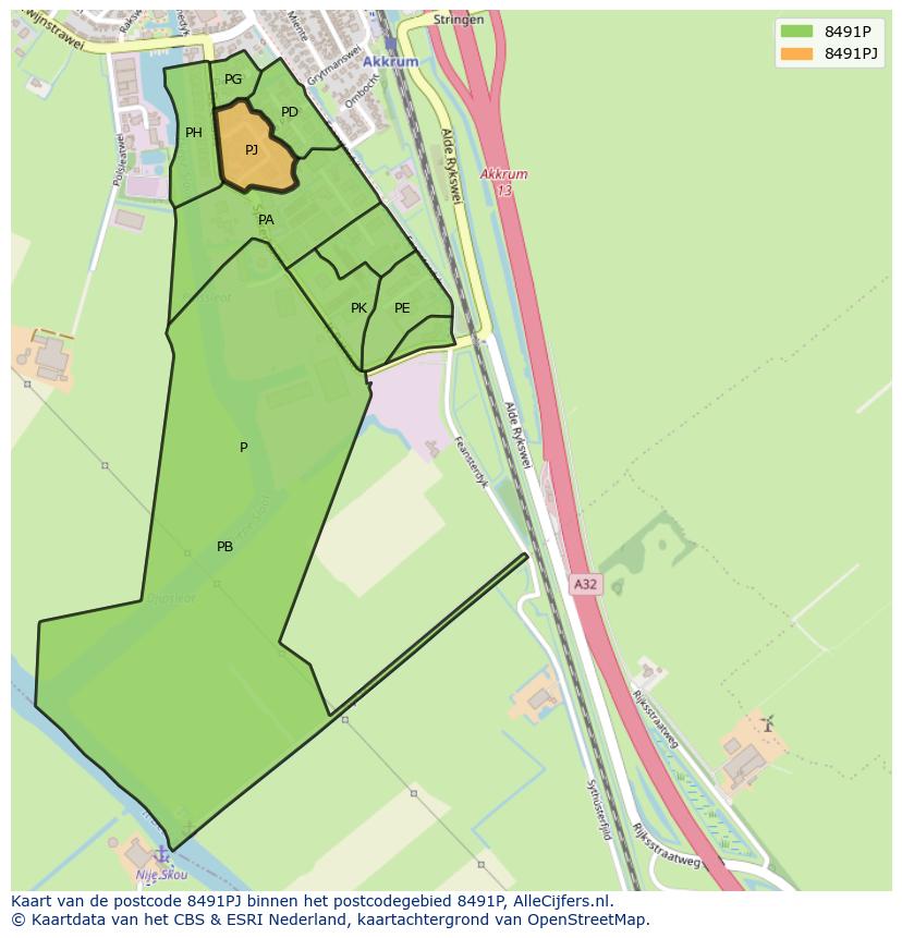 Afbeelding van het postcodegebied 8491 PJ op de kaart.