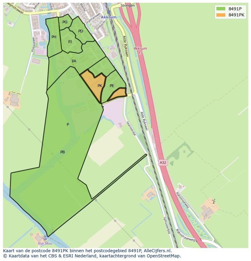 Afbeelding van het postcodegebied 8491 PK op de kaart.