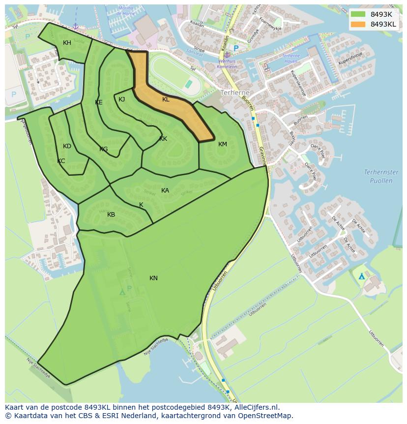 Afbeelding van het postcodegebied 8493 KL op de kaart.