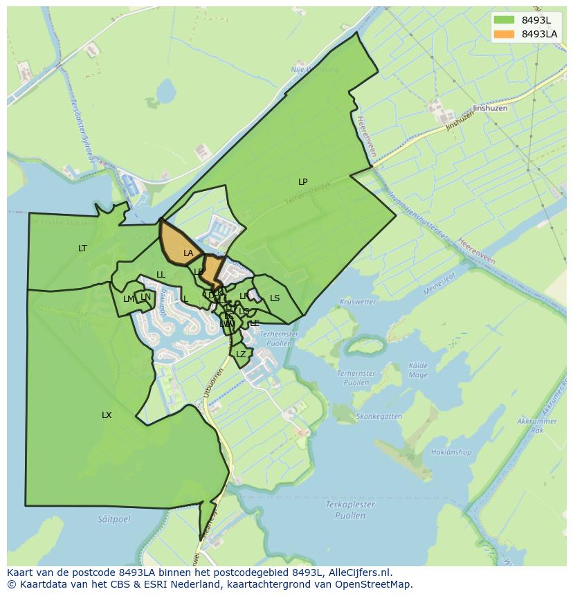 Afbeelding van het postcodegebied 8493 LA op de kaart.