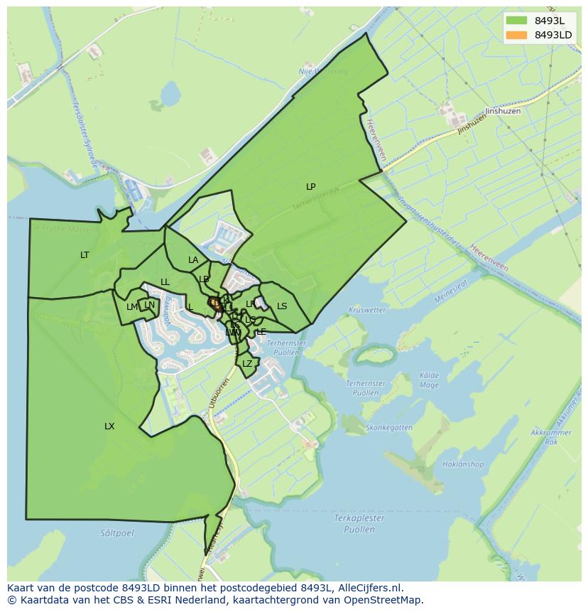 Afbeelding van het postcodegebied 8493 LD op de kaart.