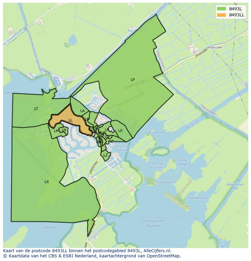 Afbeelding van het postcodegebied 8493 LL op de kaart.