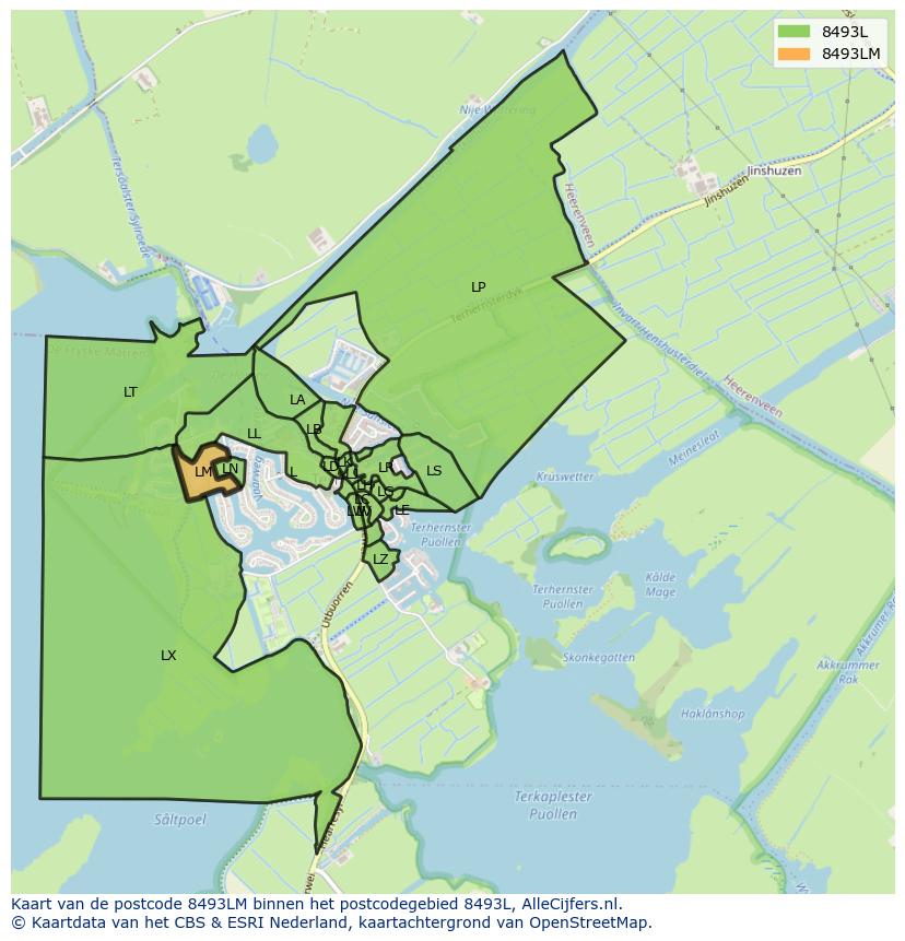 Afbeelding van het postcodegebied 8493 LM op de kaart.