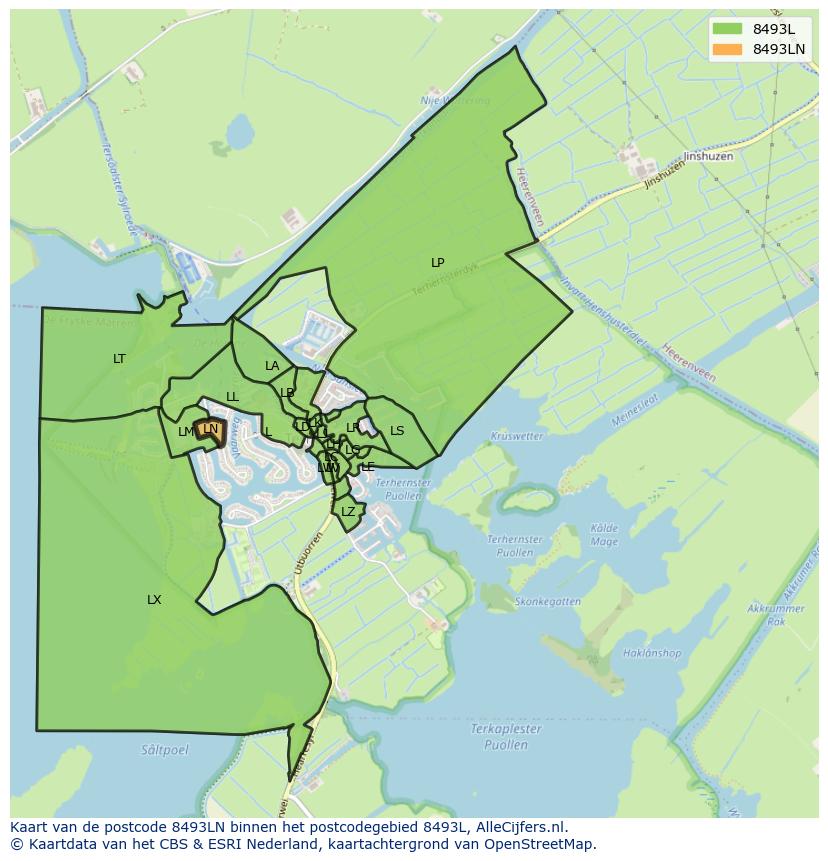 Afbeelding van het postcodegebied 8493 LN op de kaart.