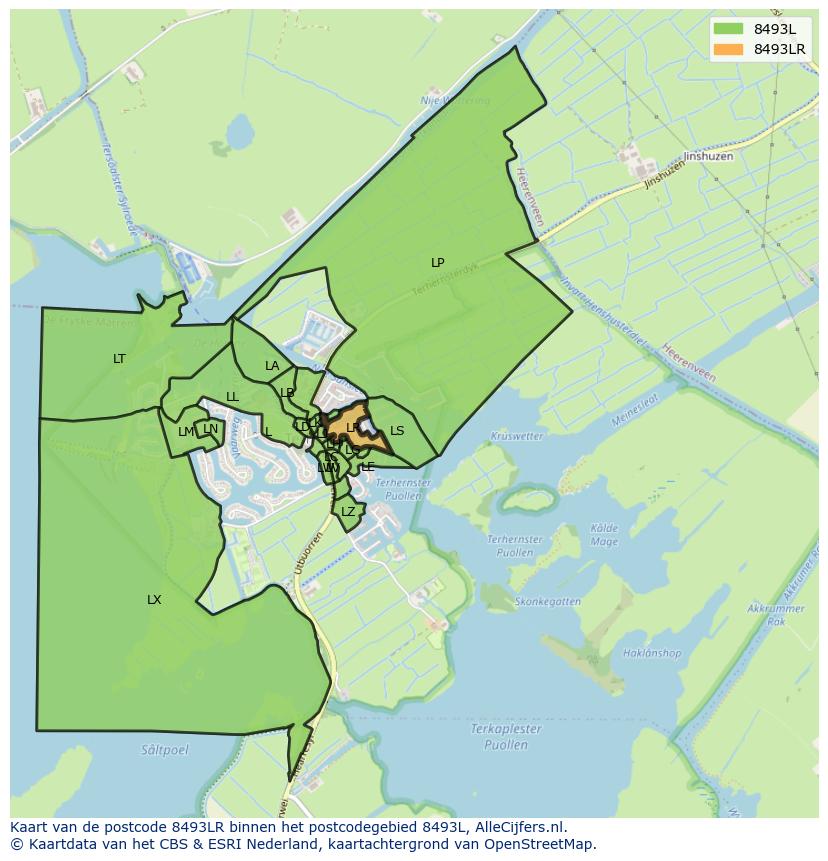 Afbeelding van het postcodegebied 8493 LR op de kaart.