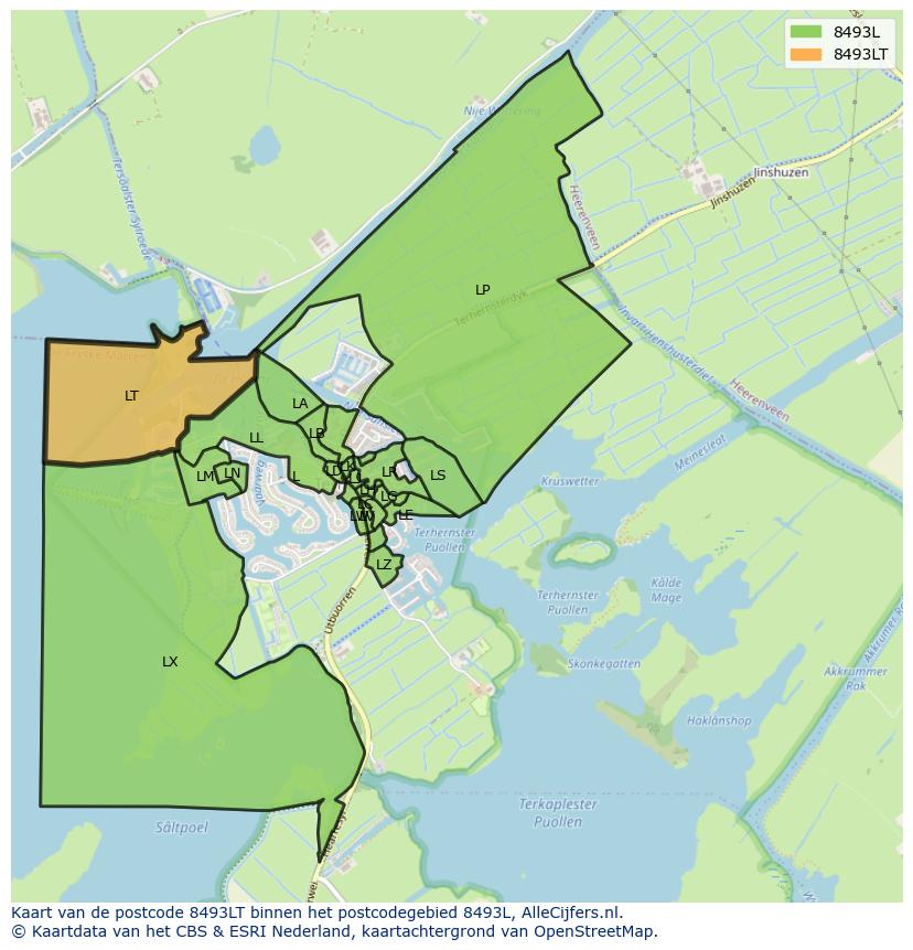 Afbeelding van het postcodegebied 8493 LT op de kaart.