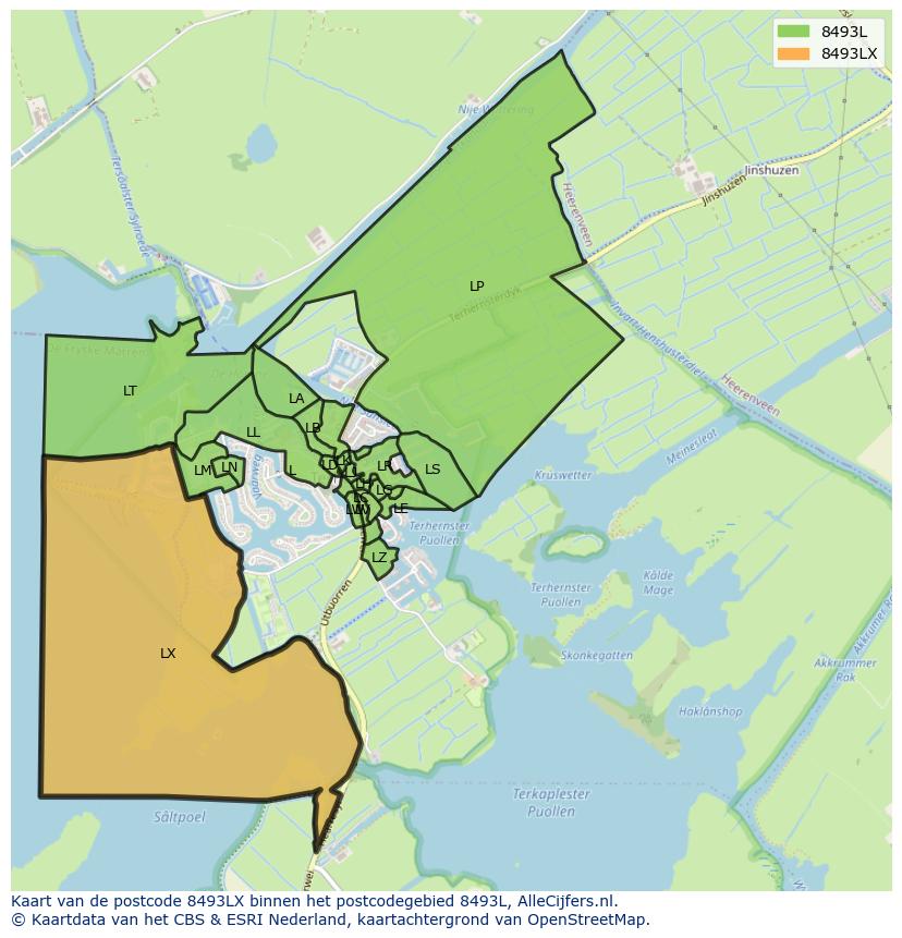 Afbeelding van het postcodegebied 8493 LX op de kaart.