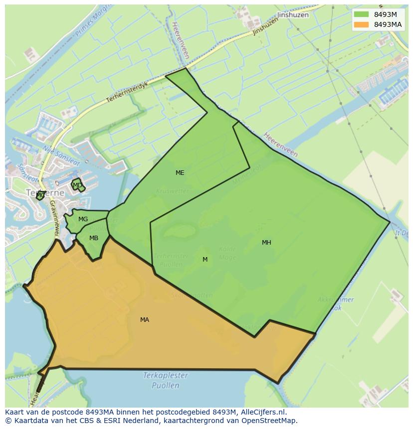 Afbeelding van het postcodegebied 8493 MA op de kaart.
